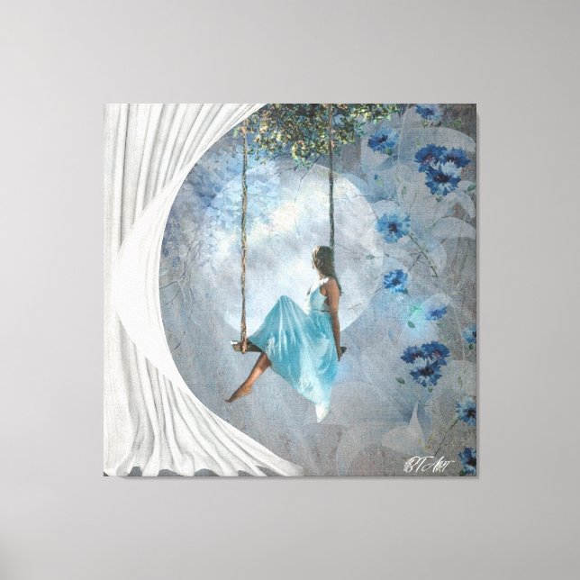 A woman in a blue dress on a swing    canvas print (Front)
