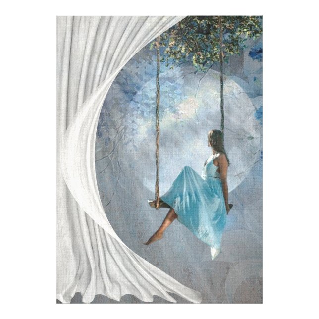 A woman in a blue dress on a swing   photo print (Front)