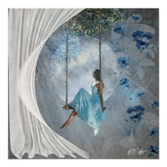 A woman in a blue dress on a swing  poster (Front)