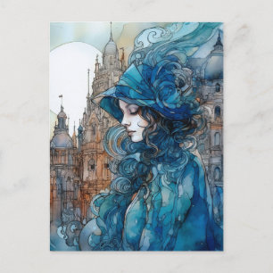 A Woman in the City Wearing a Blue Hat Postcard