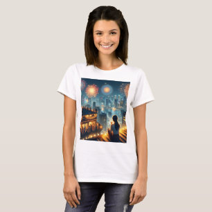 a woman is looking at fireworks in a city T-Shirt