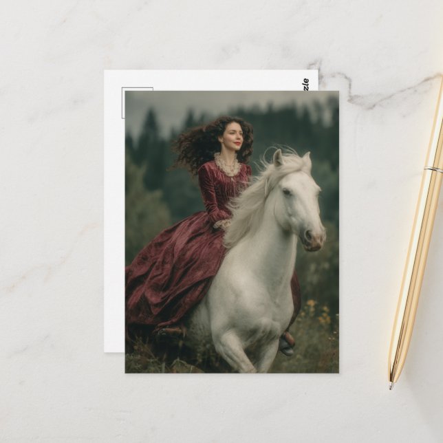 A Woman Riding a Grey Horse in a Dress Postcard (Front/Back In Situ)