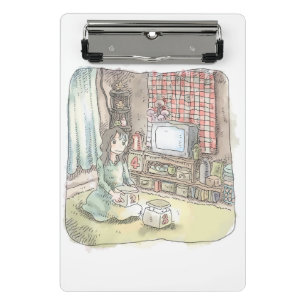 a woman sitting in a room with a square in an old mini clipboard