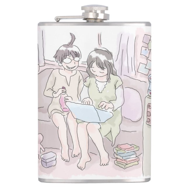 A woman sitting on a sofa in a dirty old room and  hip flask (Front)