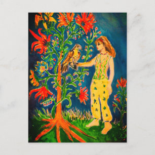 A woman standing beside a fantastical tree Postcard