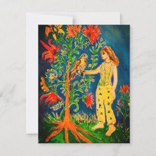 A woman standing beside a fantastical tree RSVP Card