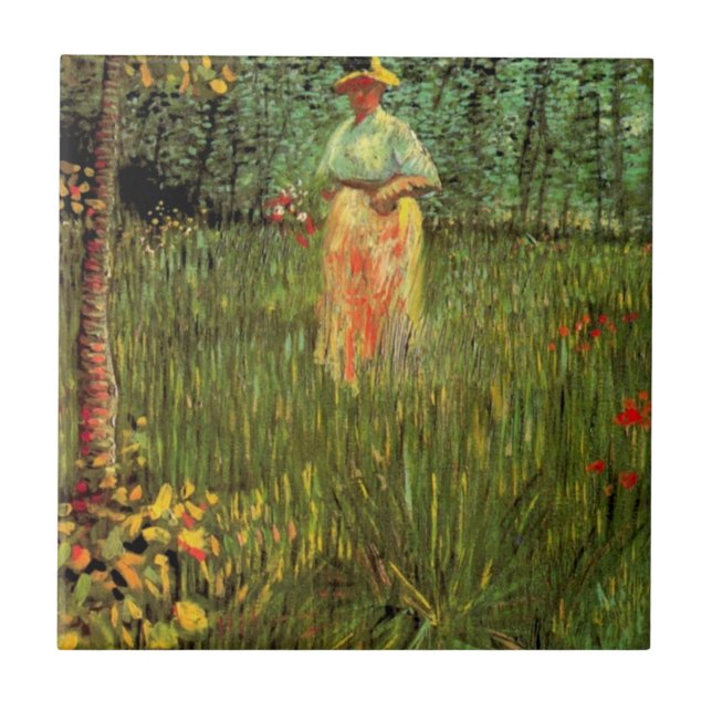 A Woman Walking in a Garden by Vincent van Gogh Tile (Front)