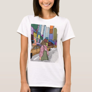 A woman walks down a bustling city street lined. T-Shirt