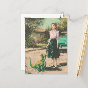 A woman walks her pet tiny Dino Postcard