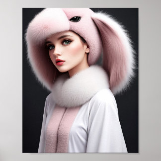 A woman wearing a rabbit hat poster