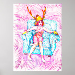 A woman wearing a samurai helmet poster