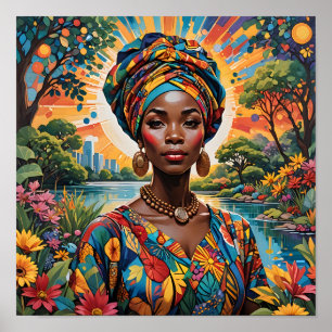 A Woman Wearing a Vibrant Turban and Floral Outfit Poster
