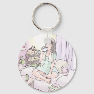 a woman who drinks water by scurrying on the bed o key ring