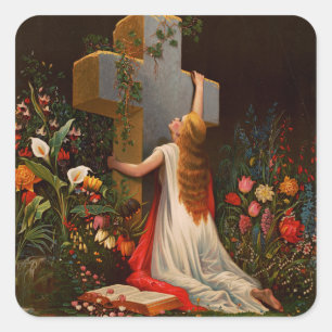 A woman with a cross is praying square sticker