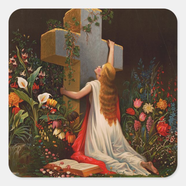 A woman with a cross is praying square sticker (Front)