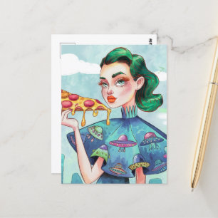 A Woman with a Slice of Pizza UFO shirt Postcard