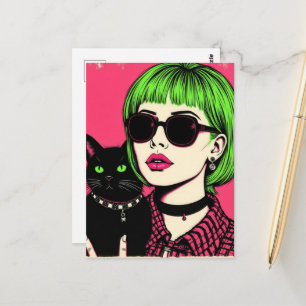 A woman with lime hair and her black cat postcard