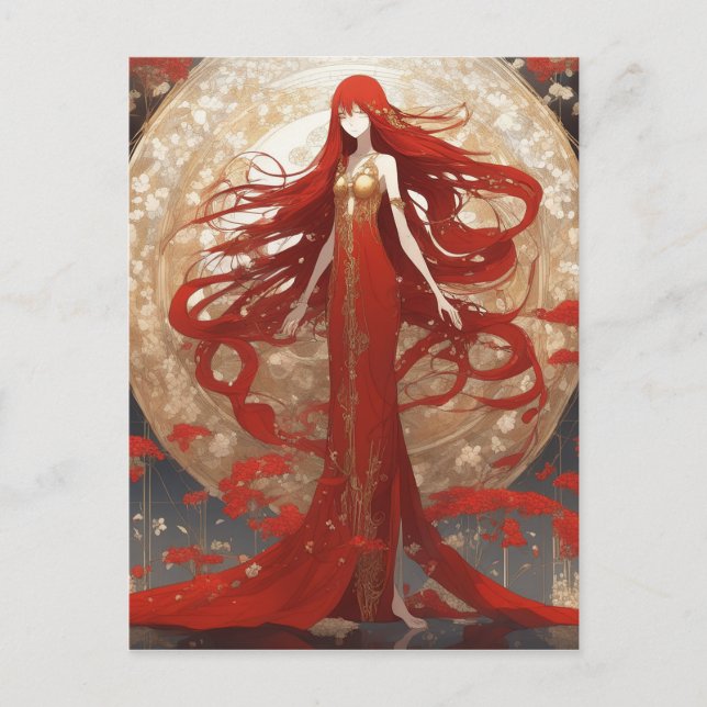 A woman with long, red hair is a striking figure.  holiday postcard (Front)