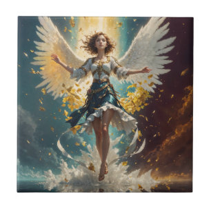 a woman with wings rising up in the air tile