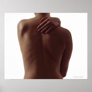 A woman's bare back with one hand reaching poster