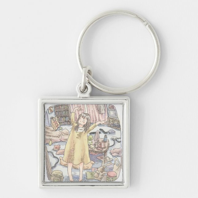 A woman's illustration of a bewildered woman holdi key ring (Front)
