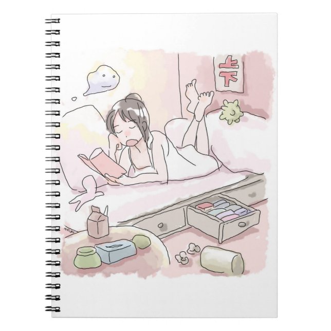 A woman's illustration of a pink bedroom lying dow notebook (Front)
