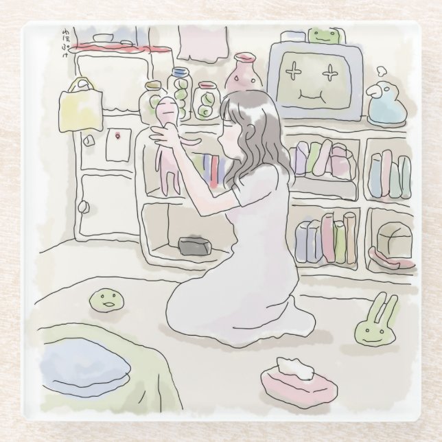 a woman's illustration of sitting on the floor of  glass coaster (Front)