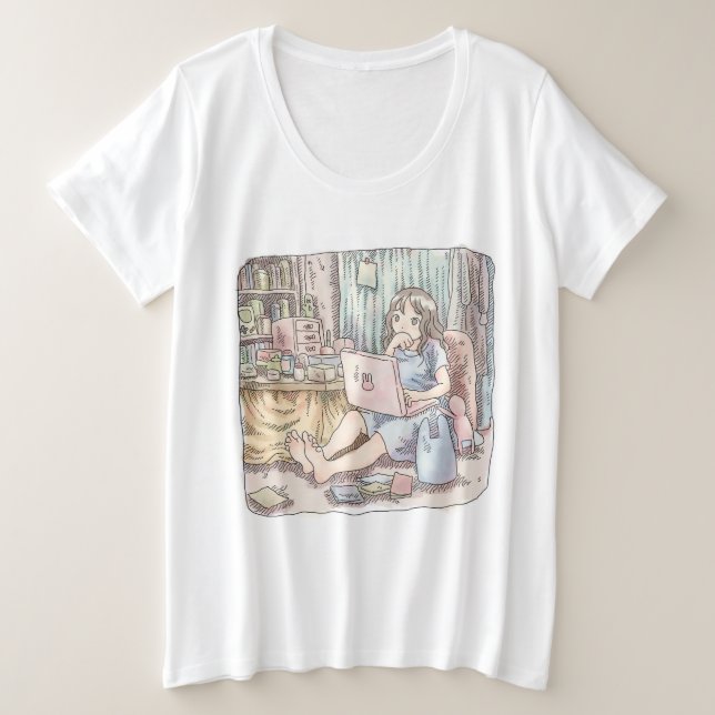 A woman's illustration sitting barefoot in a room  plus size T-Shirt (Design Front)