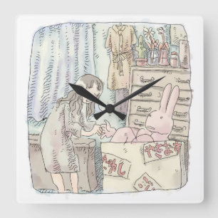 a woman's illustration that reaches for a rabbit i square wall clock