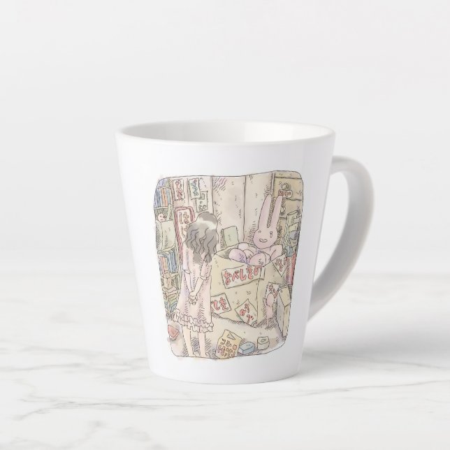 A woman's illustration watching a rabbit trembling latte mug (Right Angle)