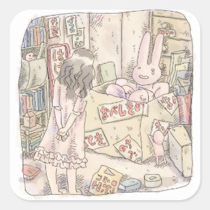 A woman's illustration watching a rabbit trembling square sticker