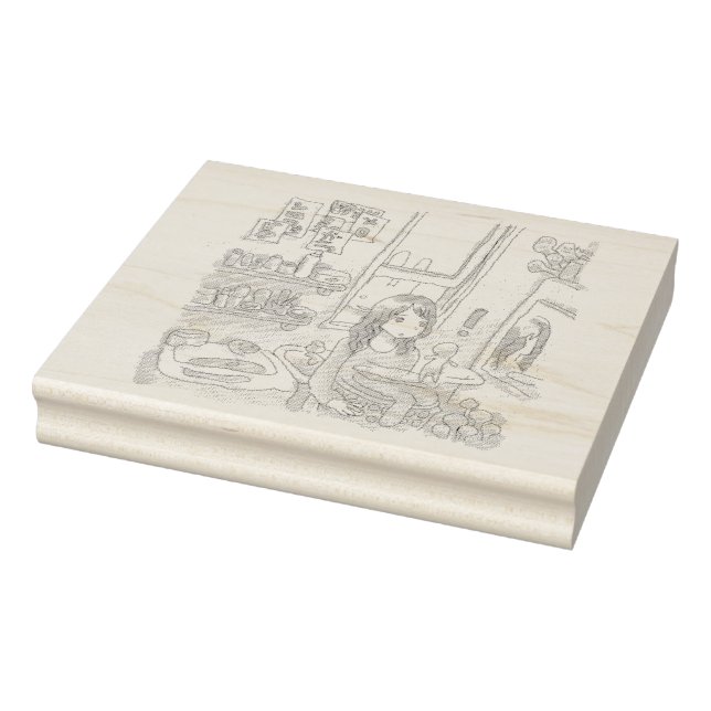 a woman's illustration with a rabbit peeping throu rubber stamp (Stamp)