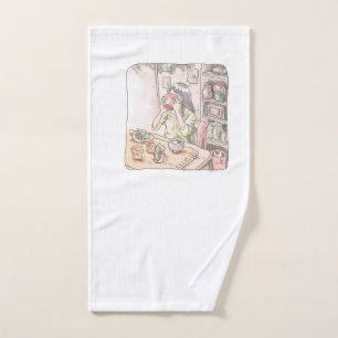 A woman's water color illustration sitting and eat hand towel