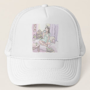 a woman's water-color illustration that drapes and trucker hat