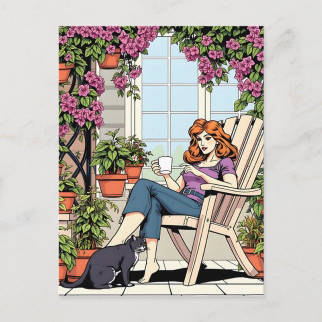 A Women with Coffee, Cat and  Plants Postcard (Front)