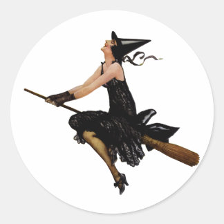 A Wonderful Witch Flies Away on her Broom Classic Round Sticker
