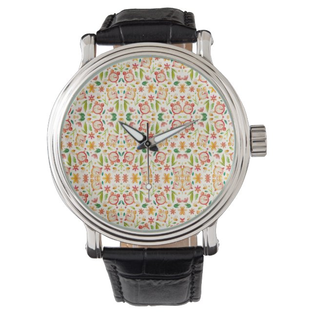 A wristwatch with a colourful floral-patterned fac (Front)