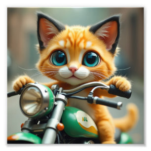 A yellow cat with black ears and big blue eyes photo print