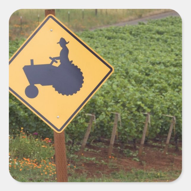 A yellow tractor crossing sign in the vineyard square sticker (Front)