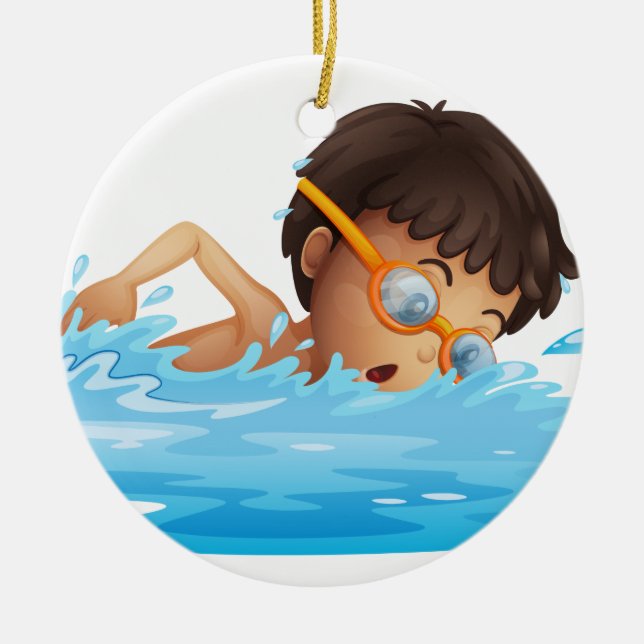 A young boy swimming with a yellow goggles ceramic tree decoration (Front)