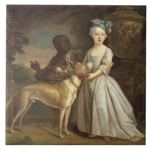 A Young Girl with a Dog and a Page, 1720-30 (oil o Tile