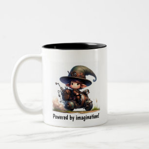 A Young Happy Child Riding a Steampunk Motorbike Two-Tone Coffee Mug