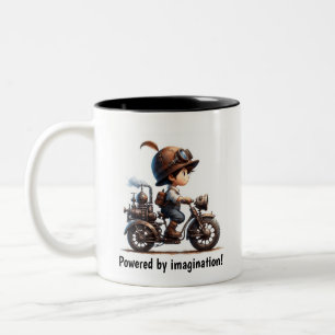 A Young Happy Child Riding a Steampunk Motorbike Two-Tone Coffee Mug