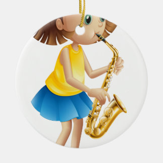 A young lady playing with the saxophone ceramic tree decoration