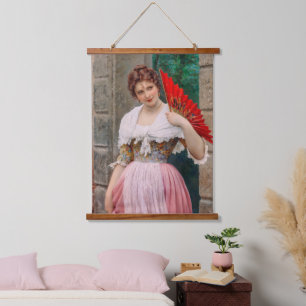 A Young Lady with a Red Fan by Eugen von Blaas Hanging Tapestry
