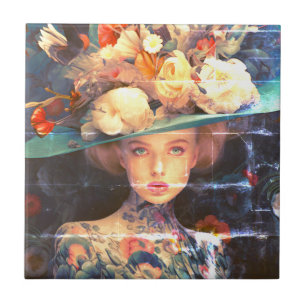 A Young Woman With a Tattooed Body and Bold Hat Tile