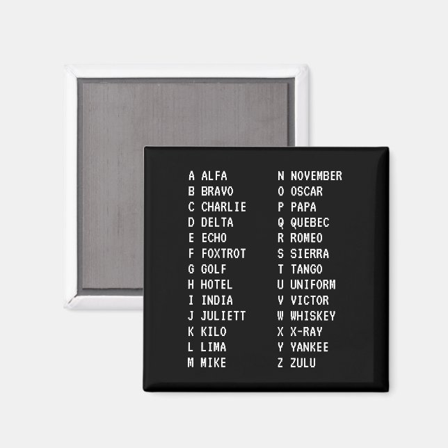A-Z Flight Code Two-Column Phonetic Alphabet Black Magnet (Front/Back)