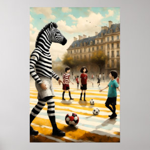 A Zebra referee in a soccer game Poster