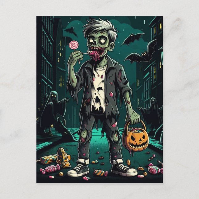 A Zombie Eating Halloween Candy Postcard (Front)
