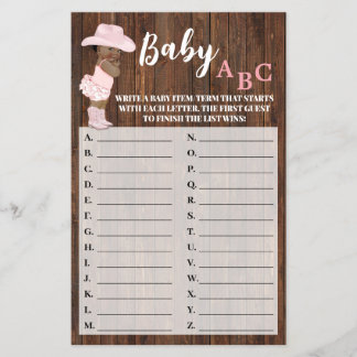 AA Cowgirl Baby ABC Baby Shower Game Card Flyer